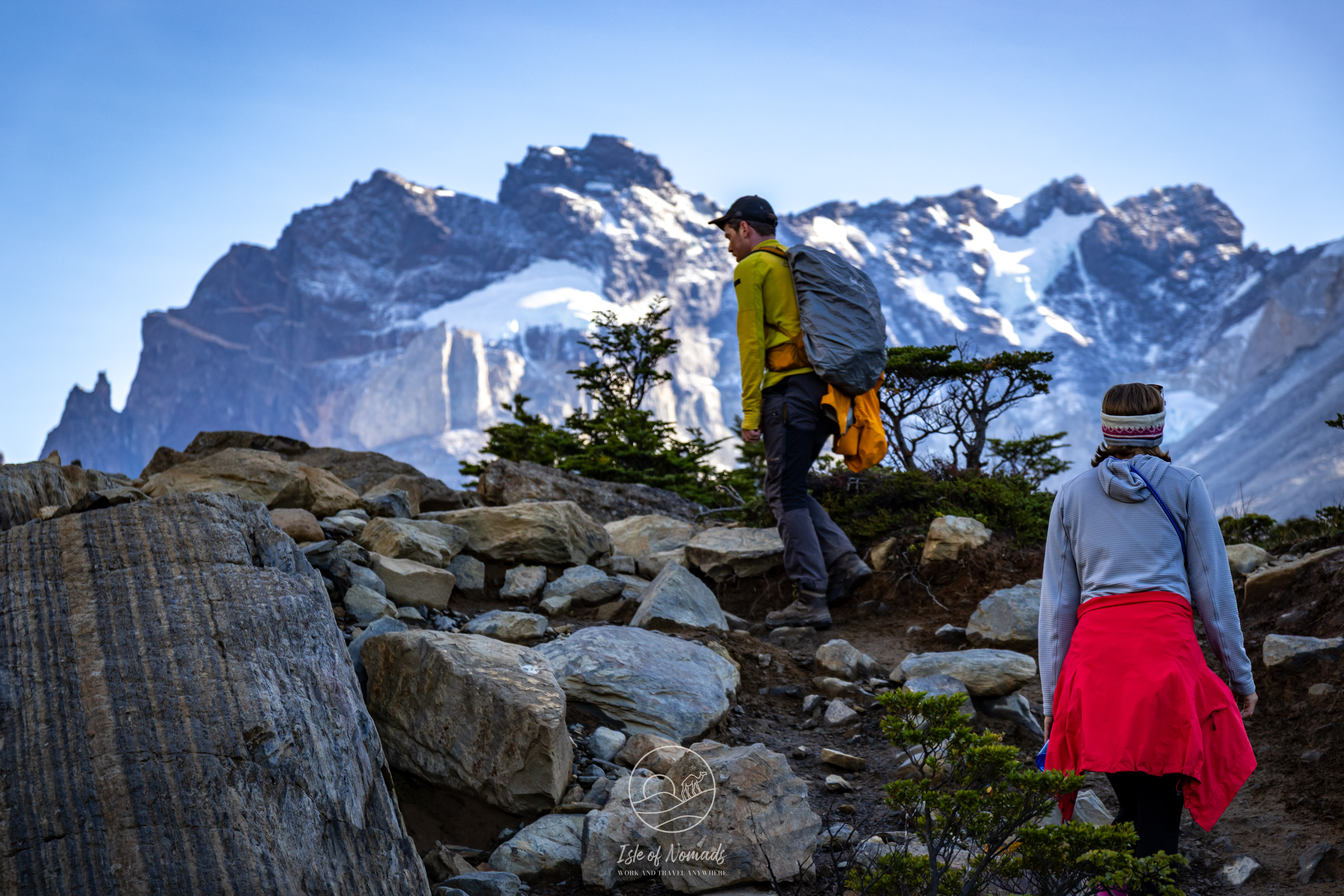Our friend Johannes and Laura climbing towards Los Cuernos on day 2 of our W trek