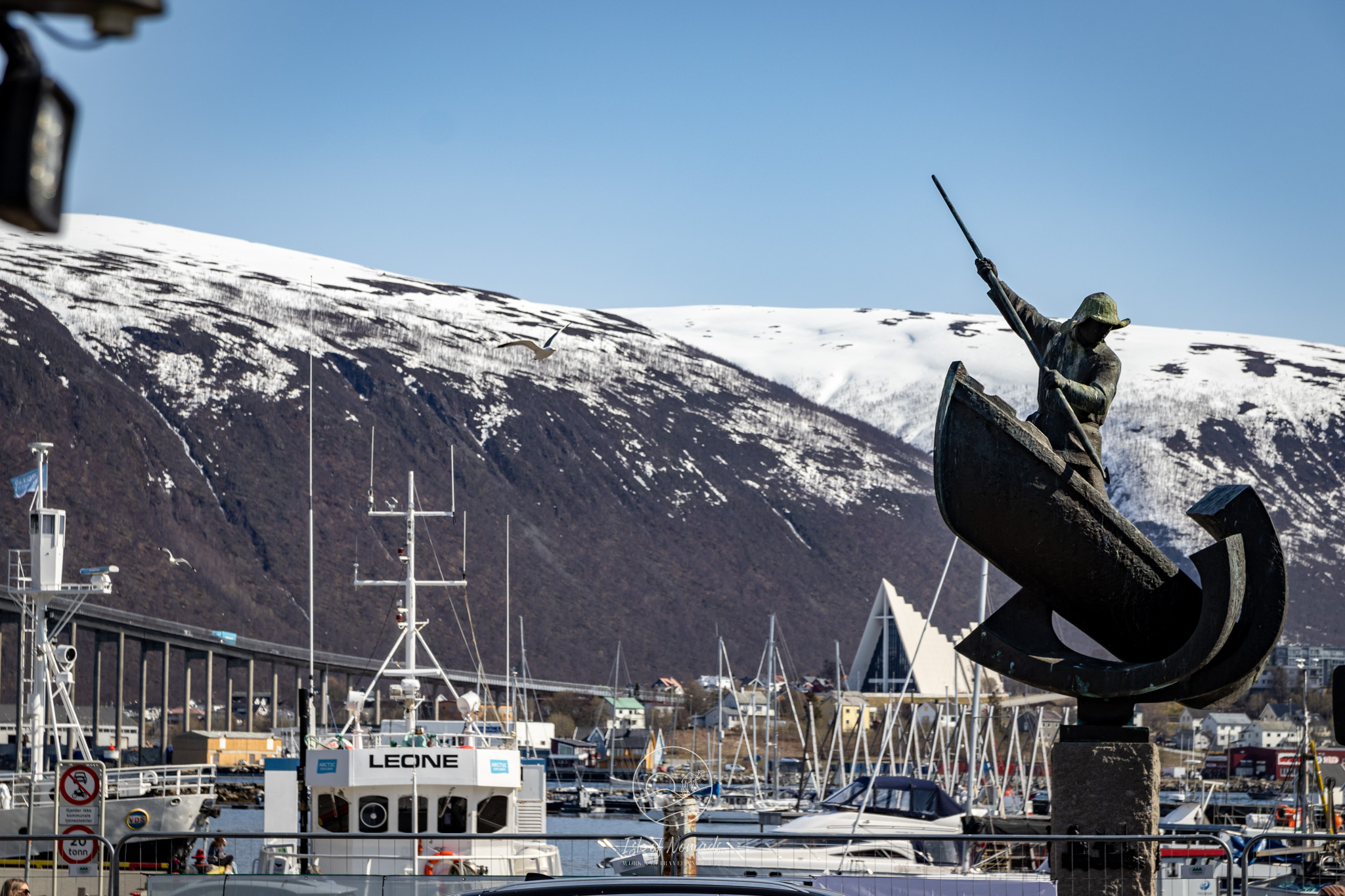 View of Tromsø harbour and the Artic cathedral in the back